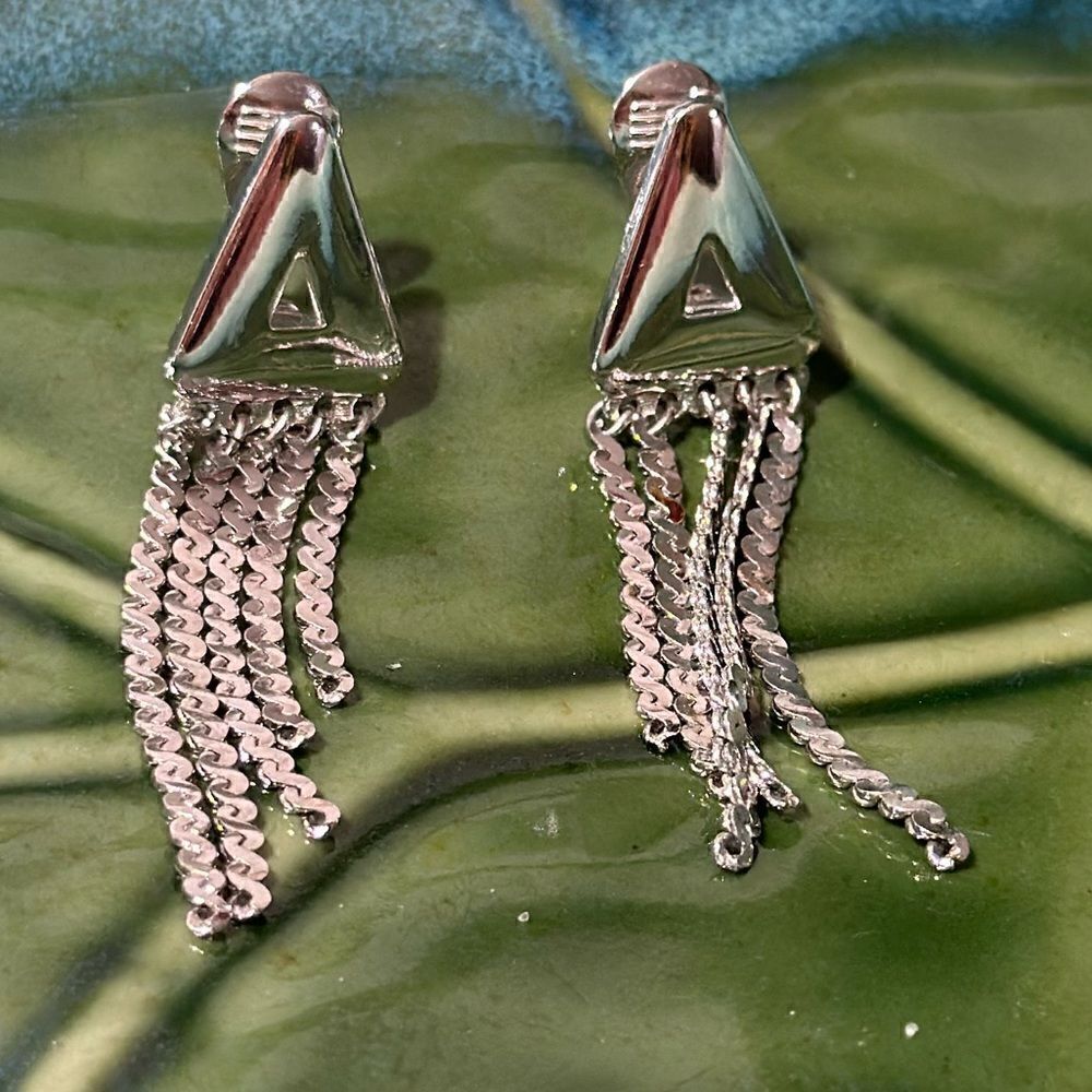 Monet Vintage Silver Plates Triangle Fringe Earrings